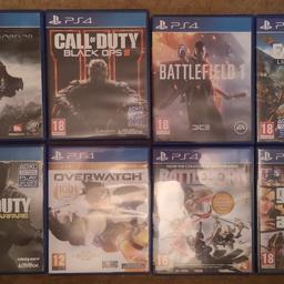 For sale PS4 games all working. Just having a clear out of games finished or just don't play any more. Great stocking fillers 

Shadow of Mordor 
Grand Theft Auto 5 
Call of Duty Black Ops 3 
Battlefield 1 
Overwatch 
Call of Duty Infinite Warfare
Farcry 4
Battleborn 

Cash on collection or PayPal (funds must be clear before dispatch) 

Cheers