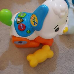 Cute puppy that stands and moves when the bone is shaken.
Three press buttons teach shapes, colours, abc and 123.
Very good cond
20 ponds retail price