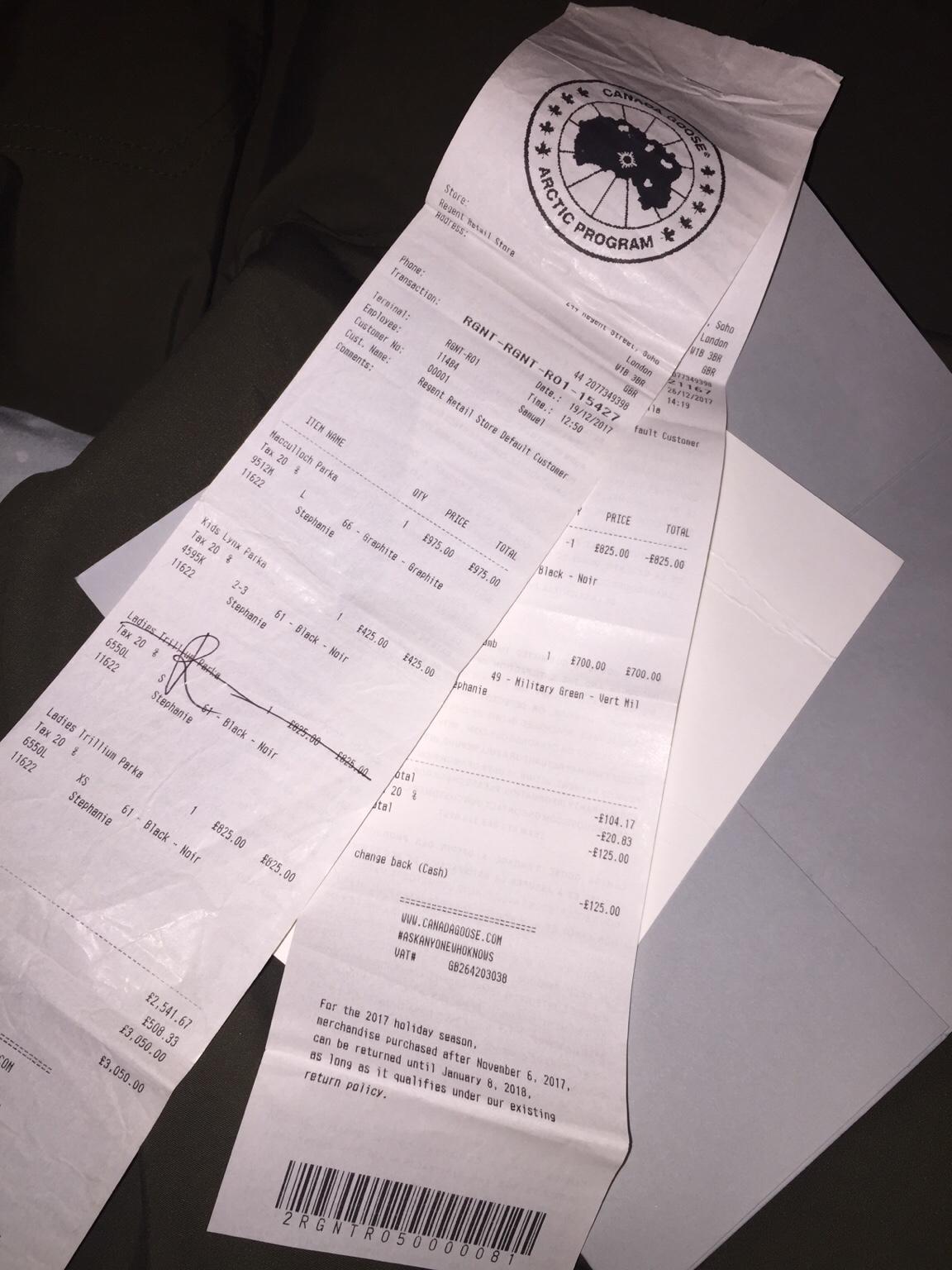 Canada goose coat outlet receipt