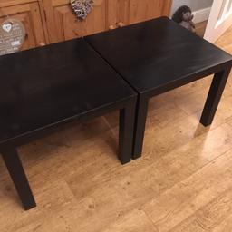 2 Ikea lack side tables in black.
Some signs or wear as shown in pics.
Length:	55 cm
Width:	55 cm
Height:	45 cm
£5 for the pair.