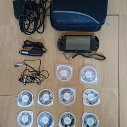 Psp console with 6 films and 4 games along with mains charger and car charger, and its own psp bag perfect working order no marks or scratches. Films are Aliens, Taken, Rambo, Bad boys, 300, 28 wks later. Games are Star wars battlefront 2, Call of duty roads to victory, medal of honour hero's and hero's 2. Cash on Collection only (warrington area).