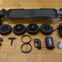 This is an Evolve Carbon GT electric skateboard with all- terrain and street set up.

It’s in great condition as I’ve done a full refurb including cleaning the whole deck wheels, belts, motors, wheels (AT and street) and trucks and replaced bearings, nuts, motor guards and grip tape.

Looks and rides like new (see photos for minor blemishes). Much improved R2 remote included. Superb battery life; goes and goes and goes.

Collection from Telegraph Hill SE14 or can post (ask for quote).