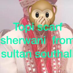 Sherwani £200)(topi £20)(scarf £10)(5mala£20) Outfit with Scarf and churidaar 
With kulla ( topi) mala see other post for pic
SIZE SMALL
Brand new condition - worn once
Open to offers