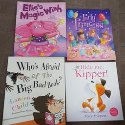 4 Kids books all good condition

Who's afraid of the big bad book
Hide me kipper
Party princess
Ellie's magic wish