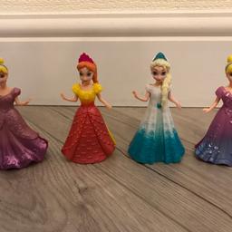 Four Disney princess posable toy figures
There dress can be taken off and swapped around
Would make ideal little cake toppers / decorations
Perfect little toys aswell
Frozen Anna & Elsa 
Cinderella 
Collection from Dronfield or happy to post
