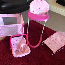 Dolls nursery set includes cot, highchair, bouncer and car seat. In good condition.