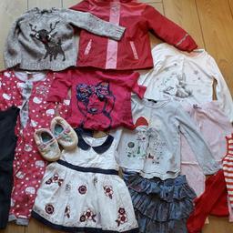 Bundle of girl's clothes. Age 5-6. All good condition. Rainmac, tops, skirt, school pinafore, pyjamas tights, slippers