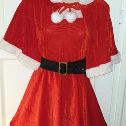 Brand new in packaging, Ladies Mrs Claus, Miss sexy santa baby complete outfit from wicked costumes

Nice generous sizing. Approx skirt length just above the knee

One Size. I think this would fit size 8 too 12 or small 14

Nice velvet style fabric with white fur trim

Set includes, dress, hooded cape and black belt. 

Perfect Christmas fancy dress complete outfit.

Collection from Redditch

Can post for additional cost

No offers