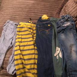12-18 month baby clothes bundle from smoke free home, 2x jeans one Next and mothercare little bird, 1x next joggers 1x stripy trousers next 1x Boden reversible trousers navy one side yellow the other 2x shorts one gap one John Rocha