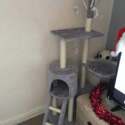 This is a multi level cat scratch tower with mice on string attached. Only had it for a month as good as new. Does come apart for transporting.