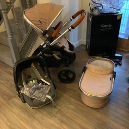 Icandy peach 3 in butterscotch comes with 
Carrycot
Seat unit
Maxi cosi pebble plus
Adapters for car seat
Elevator adapters
Rain cover 
Maxi cosi rain cover
In very good condition slight scratches to chrome frame from getting in and out of the car

Collection only
