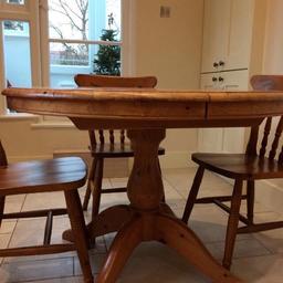 Solid, high quality pine kitchen table with four matching chairs.
Detachable leg unit. 
Pick up only from East Finchley. N2
Dimensions - 106 x 106 x 76 cm
Dimensions extended - 152 x 106 x 76 cm