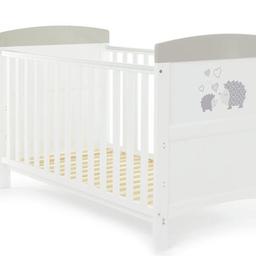 Brand new Obaby Grace style cot bed in white with a grey hedgehog on. White cot can be used later for a child single bed. You can collect it from Gillingham or I can send via postage but will cost more. Collection only. Open to offers.
