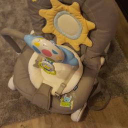 hardly used. excellent condition. comes with musical toy. vibrating seat. can be used as a fixed seat or rocking seat. adjustable positions. folds flat for easy storage