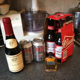 I do not drink and so I have some gifts to sell. There are 4 Budweisers, 1 37.5 cl red wine, 2 hoppy lagers and 1 Gentleman Jack Miniature. It goes without saying that if you are not 18 or you do not look 18 then I will not sell these to you.