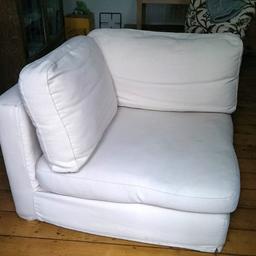 This is great for curling up on to watch tv or read a book.
It is part of a corner sofa that divides into four pieces. Sadly we no longer have space for all the pieces.
The cushion covers and the covers of the chair itself are removable and can be washed in the washing machine. The fabric is high quality and hard wearing. I'll give them all a clean before you pick up.
Cream colour.
Dimensions W 92cm x D 92cm