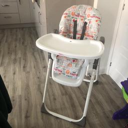 Unisex high chair that has multiple position heights. The high chair has a removable tray and reclines for tired babies also. This high chair also padded to provide comfort.