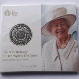 2016 Brilliant Uncirculated £5 coin to celebrate the Queen's 90th Birthday. Sealed in presentation pack.

Collection only from Chilton. I can't deliver or post. No offers please.