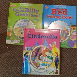 3 x Chad Valley books, Cinderella, Little Red Riding Hood, The Three Billy Goats Gruff all with cds. Cds are attached to the book with a plastic case, the cinderella one is no longer attached so the CD is lost. otherwise all in excellent condition.