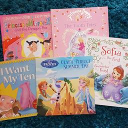 five children's princess books. 
Frozen - Play's perfect summer day
Princess Poppy - The Tooth Fairy 
Princess Mirror-Belle and the Dragon Box 
I'm a Little Princess - I want my Tent!
Sofia the First - The Enchanted Feast