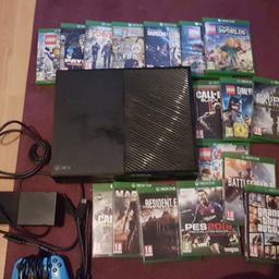 Xbox one 500gb 2 controllers, blue one wired other one wireless,console works spot on has small crack on top of console as seen in pic doesnt affect use comes with 16 games no payday 2 as seen in pictures ,only selling as i dont get time to use it due to children cheap at £140 ono collection only can deliver locally thanks poss swap for ps4