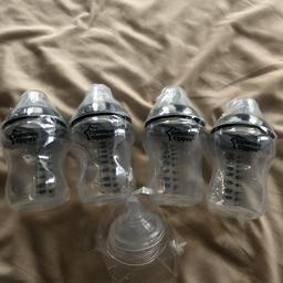 4 sealed large tommee tippee bottles
2 sealed number2 nipples
2 small bottles used once