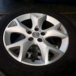 set of 4 17" Citroen /Peugeot alloy wheels, 3 nearly new 225 55 17 tyres and 1 could do with replacing shortly, complete with bolts and lockers, will also fit ford and Volvo with 5 stud wheels.