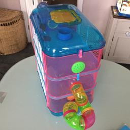 Great 3-storey hamster cage complete with accessories, two feed trays, drinking bottle, tube and even a hamster tv! Keeps your little friend interested and active.