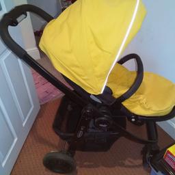 Lovely yellow and black pram, suitable from birth. Can be front/rear facing, with rain cover and cosy fleece liner. 3 position upright to flat, Hood & liner are detachable and machine washable. large shopping basket which is a major plus. To fold, the top half is removed and the base folds down with the release of a button, can fit in a car boot with ease. All washed and ready for a new passenger 😀. cash on pick up only please.