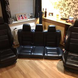 Here we have a set of golf mk4 Recaro leather seats in black 
3dr fitment
Heated front seats worked before removed 
Bolster and leather in good condition 
Rear bench in good condition
Perfect upgrade from the cloth Recaros or even basic seats