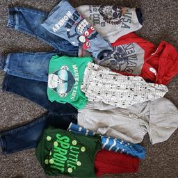 3 jumpers
1 hoodie
1 zipped hoodie
1 shirt
1 t shirt
1 long sleeved top
2 jeans
1 vest

Age 9-12 months.