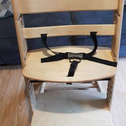 wooden high chair. I have moved the seat and foot rest to fit my childs age group. But it can be swapped about to suit, with an Allen key. 
This comes sold as seen. I do not have the Allen key, or any extra parts.