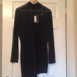 Brand new with tag black asymmetric body con prettlittlething dress size 14 sleeves and upper part of dress is see thru