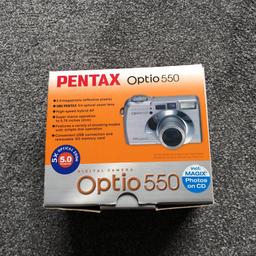 PENTAX Optio 550 in original box and all instructions etc. The lens is a 5x zoom (7.8-39mm) It has an SD 256 memory card. This is an excellent camera which has the ability to record vids too. Pictures and vids can be viewed on a TV or PC with the leads provided. Sound can be added. Comes with a battery charger. Within this package is a Pentax 3D image viewer. There are so many features that it would take too long to mention here