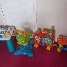 vtech musical light up ride along train.
vtech bounce and discover frog.
leap frog activity table.
all in great working order