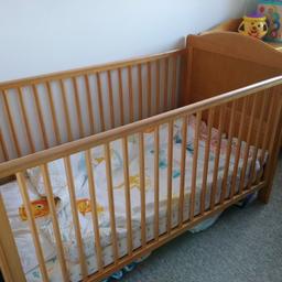 General wear & tear to cot bed other than that sturdy 2 screws are not original but they are same thickness, has a rail on end & changing unit has 2 shelves to store items, mattress is stilllike new may have some sheets & blankets will have a look as having a change around. Dismantled ready to go offers welcome as need gone as soon as poss