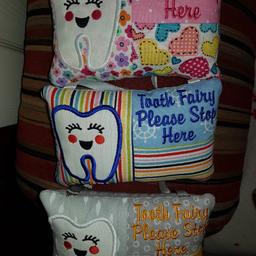 Handmade tooth fairy pillows, they're approx 6 inches x 4 inches and have a pocket for the tooth and money. £5 each.

Collection only from Chilton.