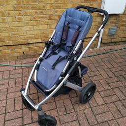 Uppababy Vista pram in champagne/blue colour.
Comes with toddler seat, carry cot with rain over and car seat adapters for maxi cosi car seats.
Carry cot comes with protective carry case.

Pram frame folds down really small.
Rear wheels can be easily removed
Massive basket for shopping etc.
Can be converted into a double pram with additional rumble seat add-on.