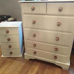 Solid pine furniture set, chest of drawers and bedside cabinet with Union Jack knobs, large chest Measures 34" wide x 17" deep x 43" high, bedside Measures 17.5" wide x 16" deep x 27" high, both in good condition with some light marks, collection Rochester me1