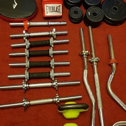 weights set with 10 mixed bars , 2x kettle weights 4kg per one,1x boxing gloves set,1x reebok skipping rope mixed weights 2x 5kg, 2x 2.5kg,2x 2.75kg, 12x 1.25kg, 4x 0.5kg, 4x 1 1/4 kg in used condition everything that is in the picture collection only please