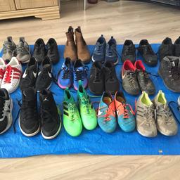 Various brands Nike/Addidas and one pair of brown Tinberland boots which are a size 6.

If you zoom in on the pics some of the trainers still look like in excellent condition like the England Adidas and the Jordan’s.

£40 for the lot.