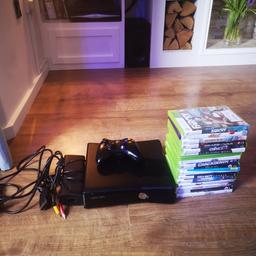 Hi I'm selling my daughters xbox 360 it's been very well used the side fan vent cover is missing but doesn't affect it also abit of rubber on the controller is missing shown in pics. It has 17 games