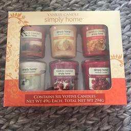 Perfect gift for someone! Never been opened, still with original seal. Purchased for £14 originally.

Set of 6 Votive Yankee Candles.

Scents are; simply cinnamon, vanilla frosting, apple crumble, soft cotton, raspberry sundae, cherry vanilla.

Bought as a gift for a friend but I found something different so didn’t end up giving!