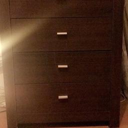 4 drawer chest of draws.
Dark brown colour.
Used but in good condition.
Scratches at top.

Can re varnish if you like