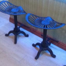 2 Amazing feature stools in black antique iron. Adjustable height 63cm lowest up to 80cm. Great for indoors or outside. Bargain as over £50 each from antique shop.