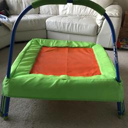 Really fun small children’s trampoline or trampet with safety handle, has some cosmetic damage as seen in the pictures hence the price but still works perfectly. Only used indoors previously but can be an outdoor toy and it’s from a smoke and pet free home