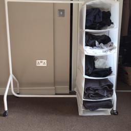 Heavy Duty Hanging Rail incorporating canvas 4 shelf fitting at one end.
Hanging rail measures 4 ft x 4 ft
Solid heavy rail suitable retail / home / car boot
Dismantled in minutes no screws