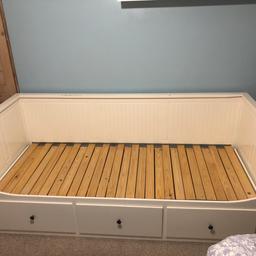Ikea day bed for sale. Good used condition. Some areas of repair/damage but either can not be seen as internal (pic 5) or does not detract from appearance too much (pic 2) - hence lower selling price. Lots of wear left. Drawers and pull out bed fully functioning. Have 2 mattresses which can go with it for an extra £10 if required.