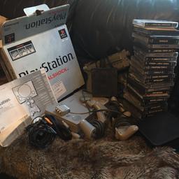 - Origanial PlayStation 1 unboxed
- All leads 
- 3 controller
- 1 gun accessorie
- 40 plus games 
o.n.o welcome,  must collect .