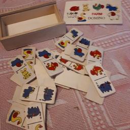 wooden farm animal  dominoes 
in wooden box